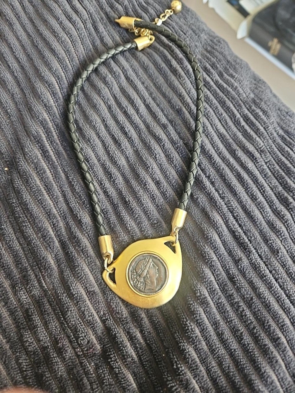 Vintage Greek Style Medallion Necklace Black Braided Leather Gold Tone